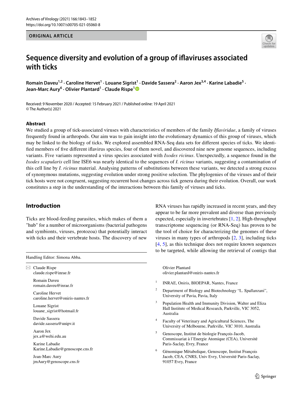 Sequence Diversity and Evolution of a Group of Iflaviruses Associated with Ticks