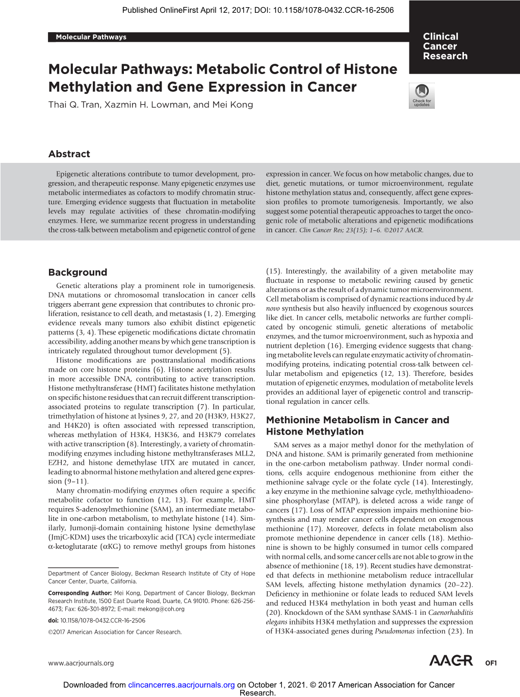 Metabolic Control of Histone Methylation and Gene Expression in Cancer Thai Q