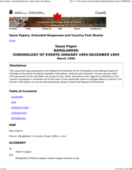 Issue Paper BANGLADESH CHRONOLOGY of EVENTS JANUARY 1994-DECEMBER 1995 March 1996