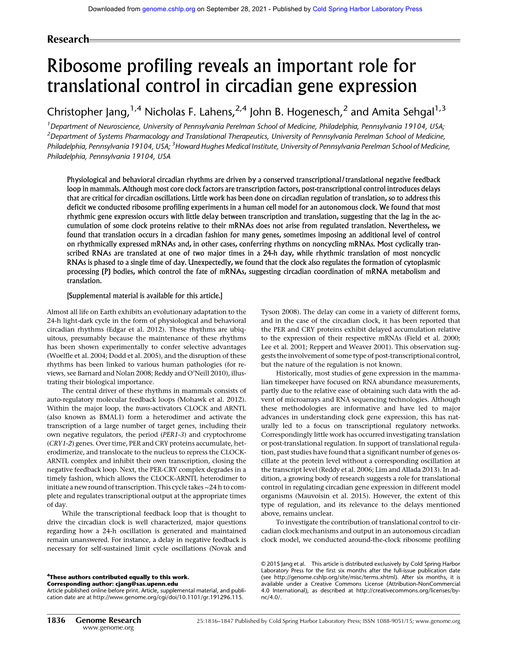 Ribosome Profiling Reveals an Important Role for Translational Control in Circadian Gene Expression