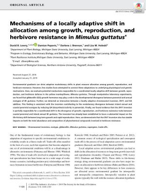 Mechanisms of a Locally Adaptive Shift in Allocation Among Growth, Reproduction, and ∗ Herbivore Resistance in Mimulus Guttatus