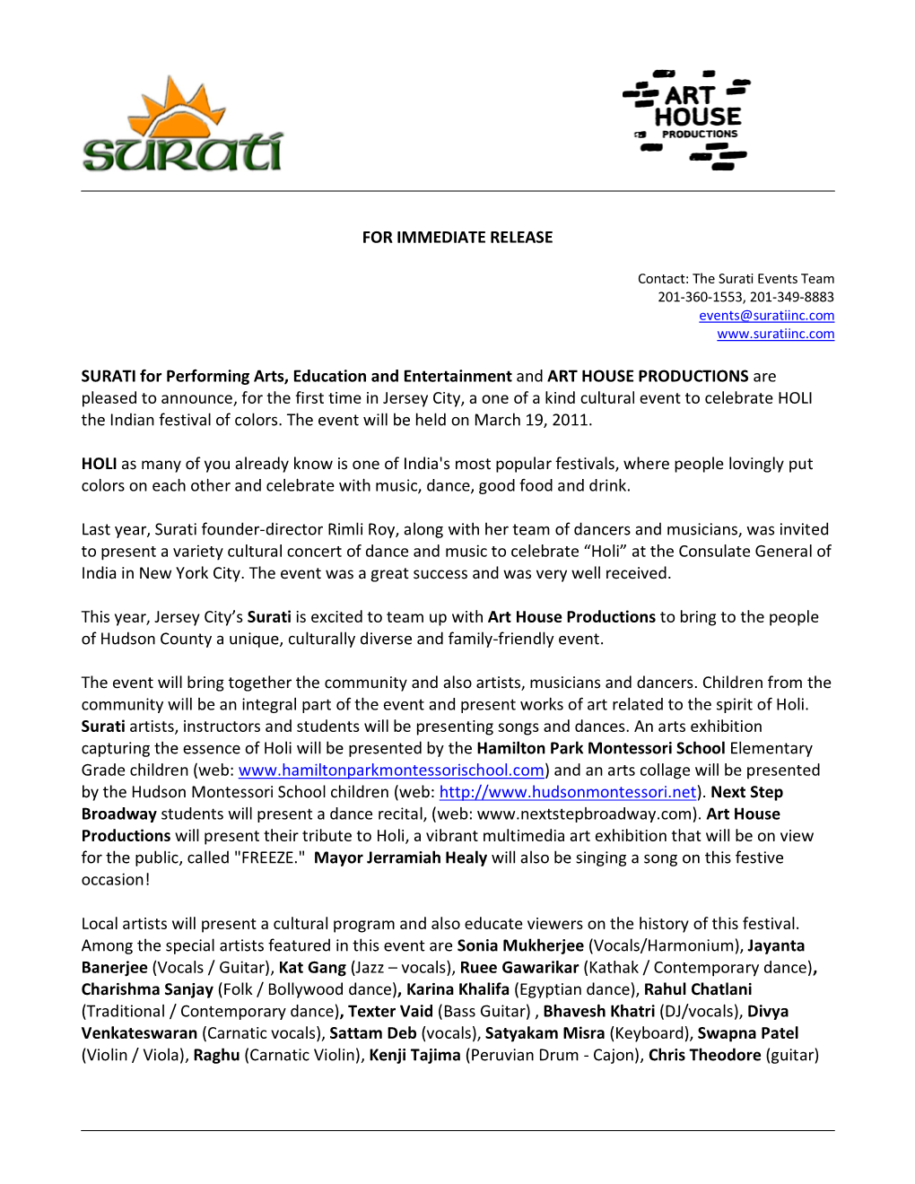 FOR IMMEDIATE RELEASE SURATI for Performing Arts, Education And