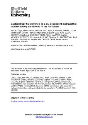 Smith Bacterial SBP56 Identified As a Cu-Dependent Methanethiol