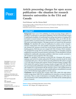 Article Processing Charges for Open Access Publication—The Situation for Research Intensive Universities in the USA and Canada