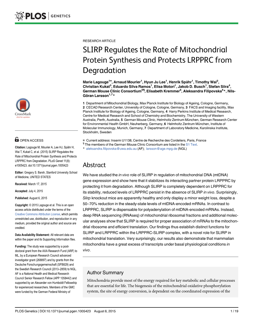 SLIRP Regulates the Rate of Mitochondrial Protein Synthesis and Protects LRPPRC from Degradation