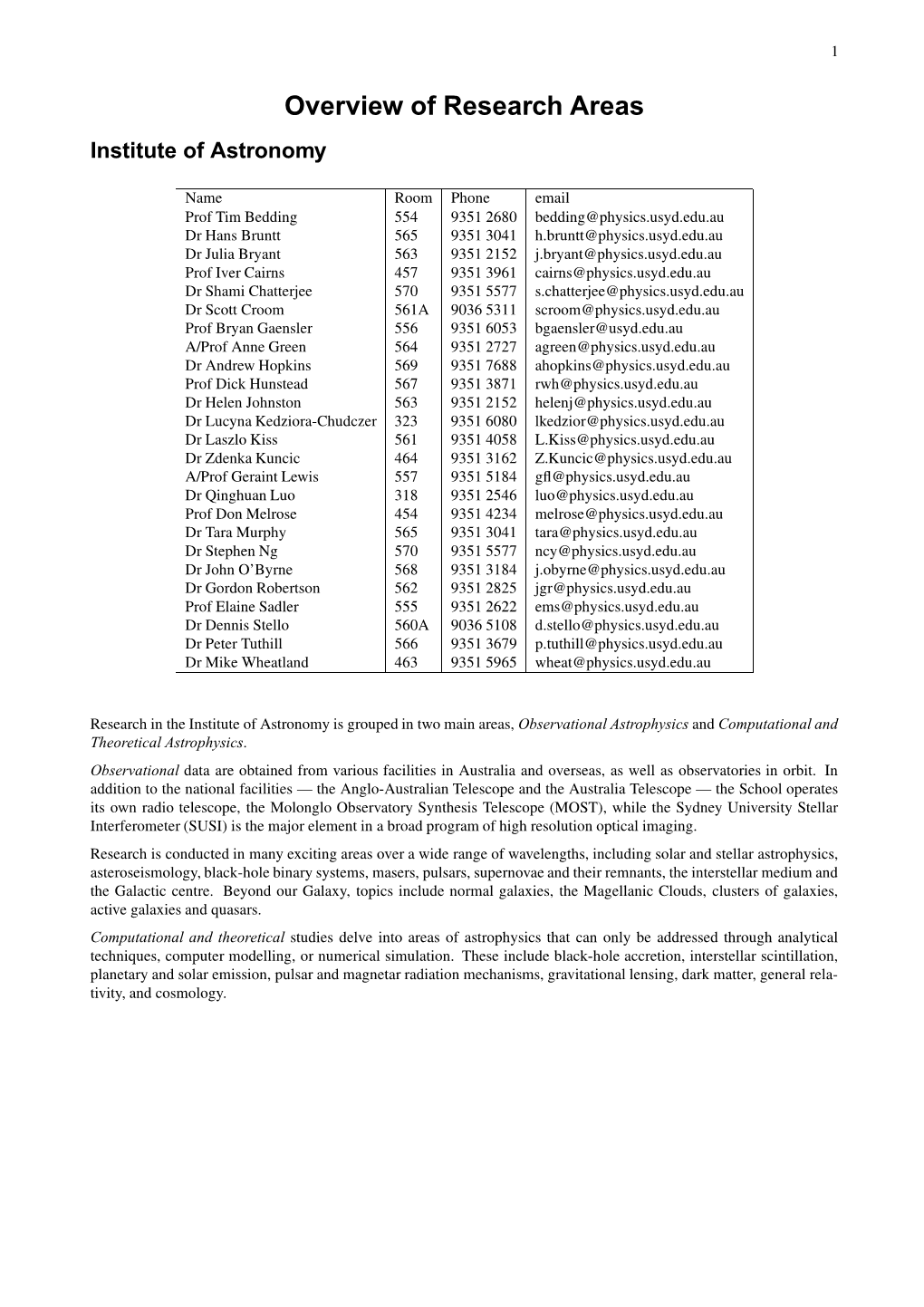 Overview of Research Areas Institute of Astronomy