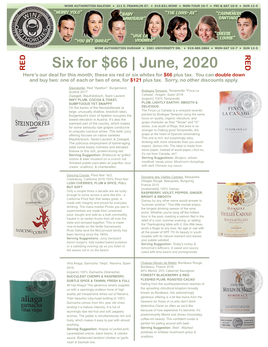 Six for $66 | June, 2020 Here’S Our Deal for This Month; These Six Red Or Six Whites for $66 Plus Tax