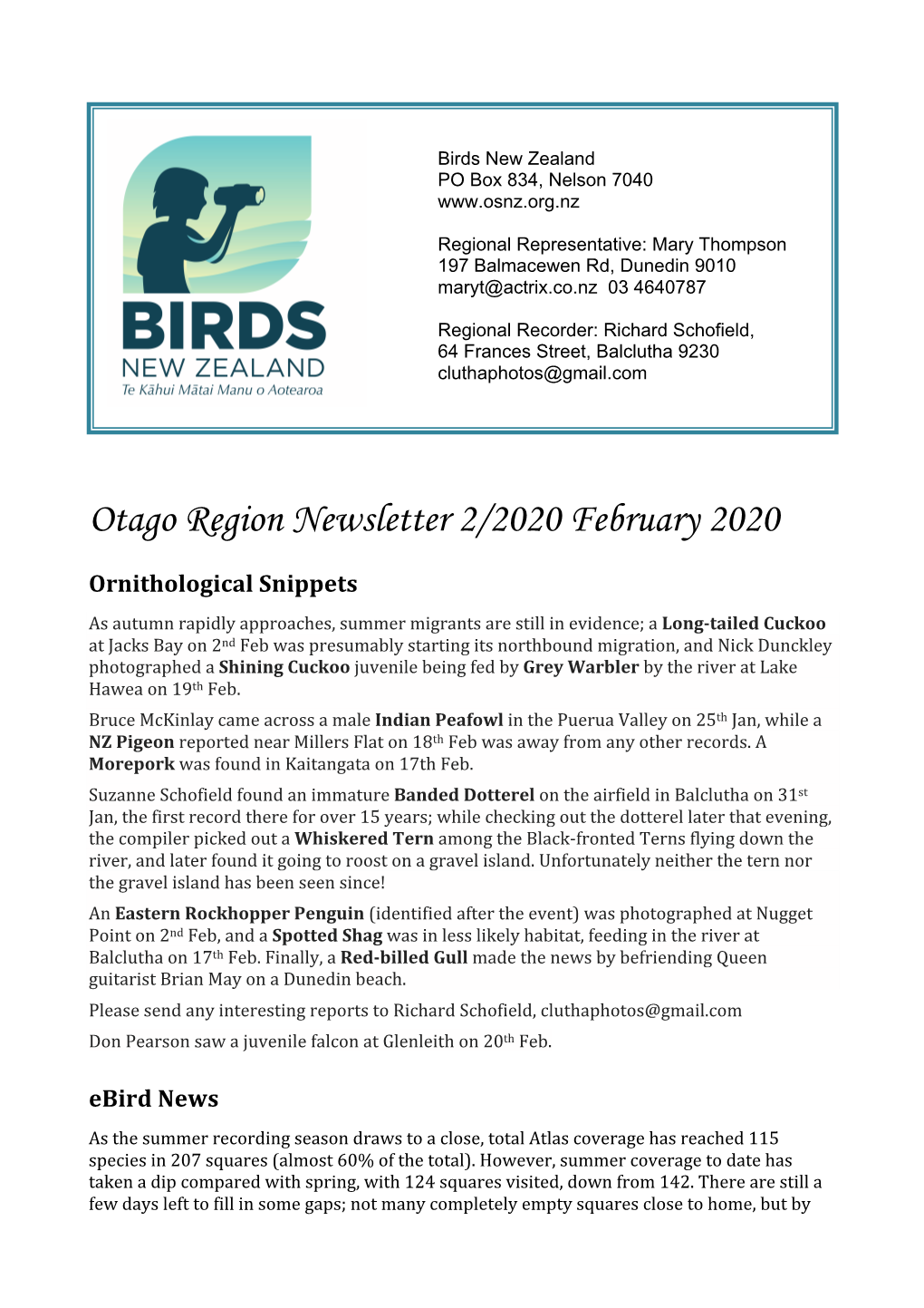 Otago Region Newsletter 2/2020 February 2020