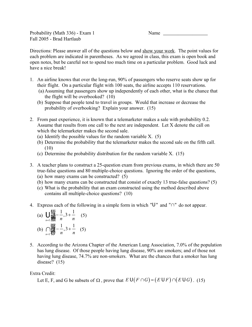 Probability (Math 336) - Exam 1