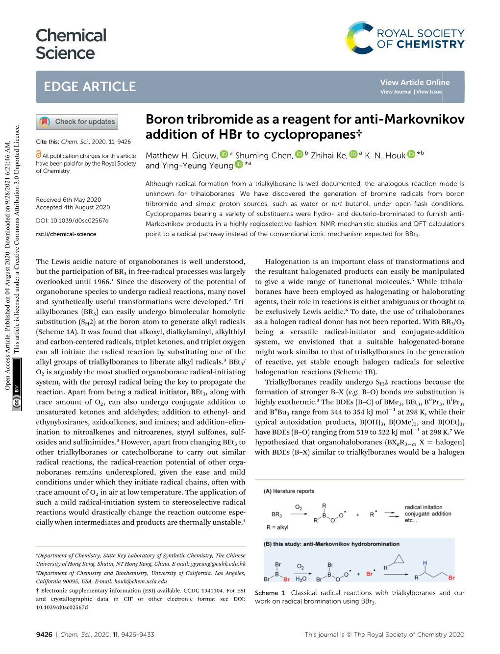 Boron Tribromide As a Reagent for Anti-Markovnikov Addition of Hbr to Cyclopropanes† Cite This: Chem