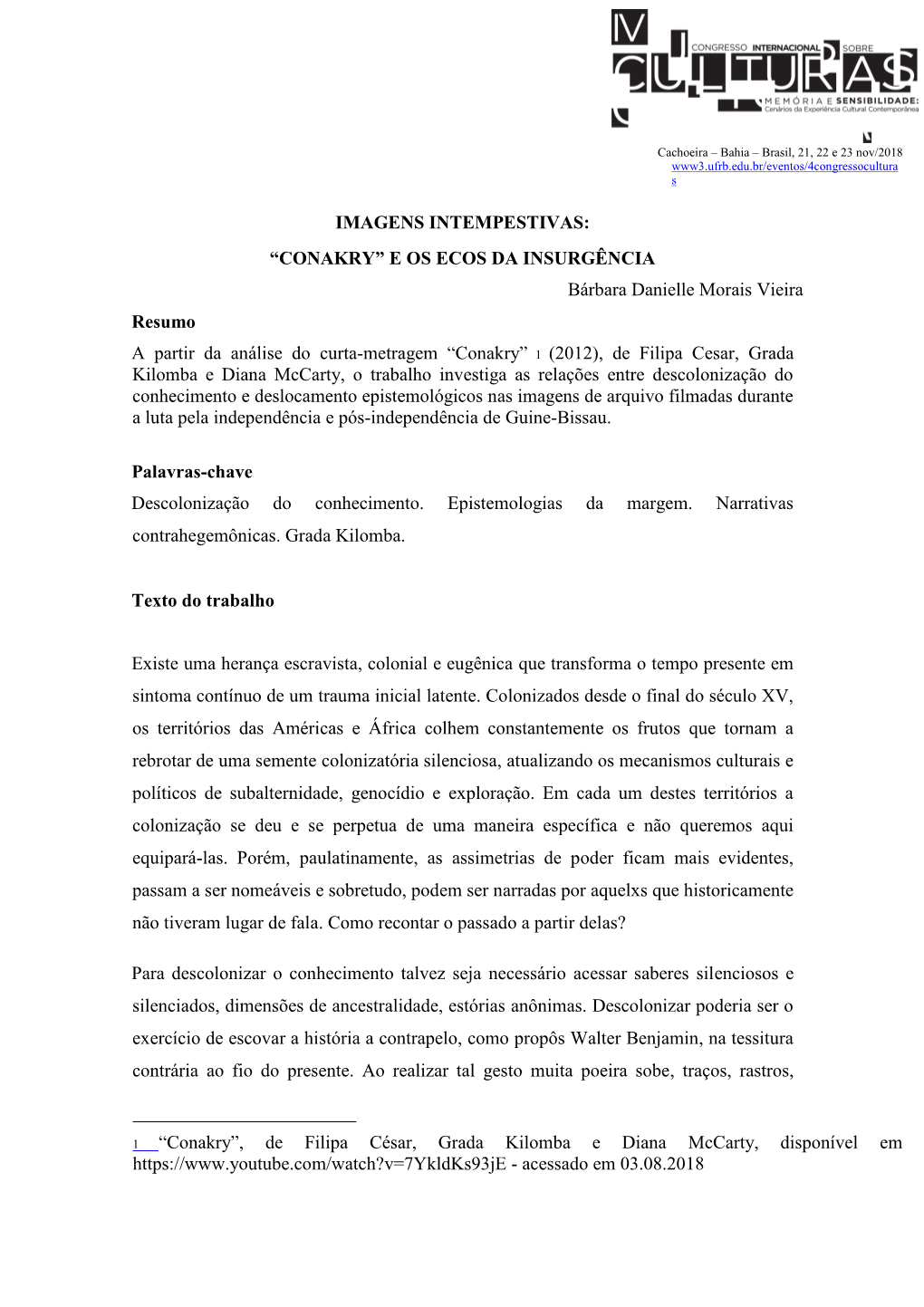 CONAKRY” E OS ECOS DA INSURGÊNCIA Bárbara Danielle Morais Vieira Resumo