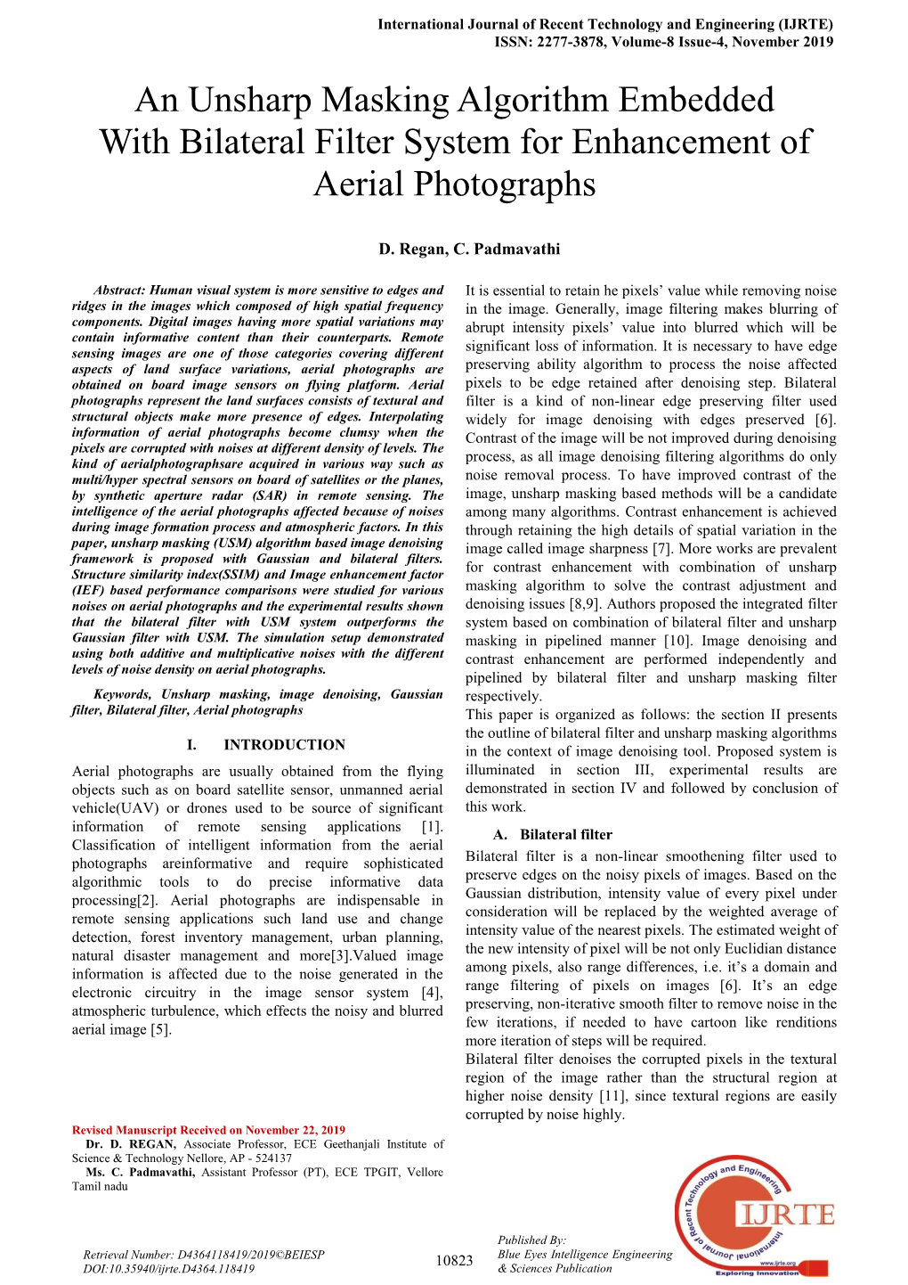 An Unsharp Masking Algorithm Embedded with Bilateral Filter System for Enhancement of Aerial Photographs