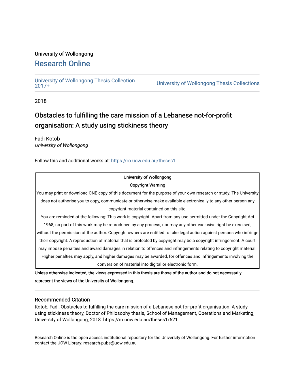 Obstacles to Fulfilling the Care Mission of a Lebanese Not-For-Profit Organisation: a Study Using Stickiness Theory