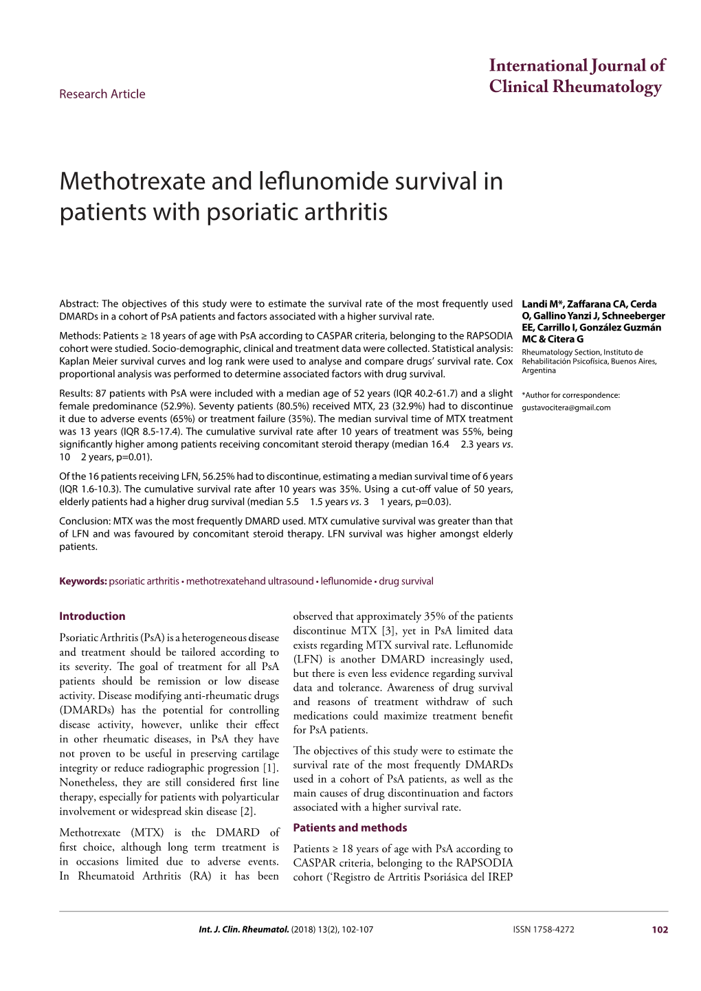 Methotrexate and Leflunomide Survival in Patients with Psoriatic Arthritis