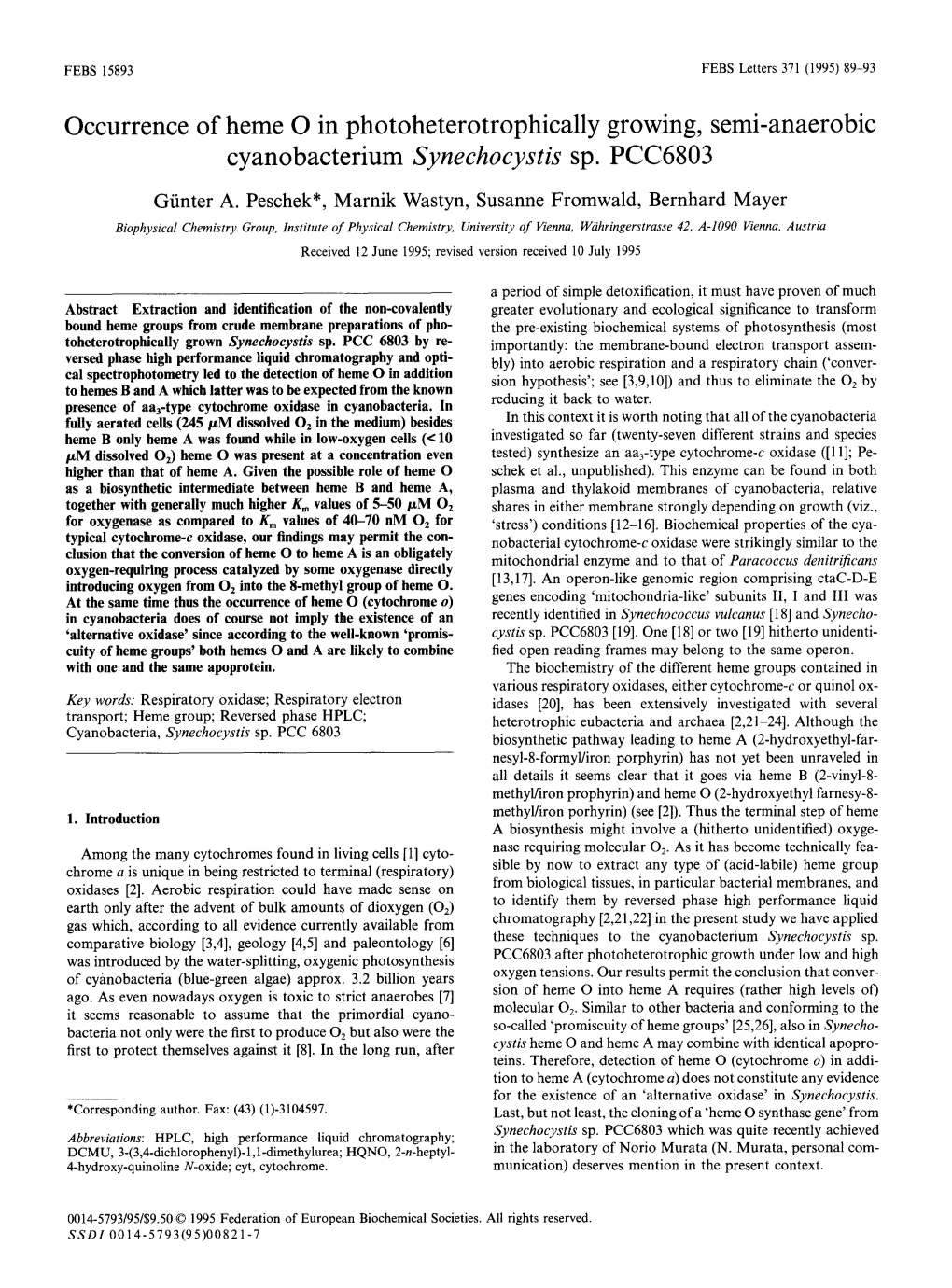 Occurrence of Heme O in Photoheterotrophically Growing, Semi-Anaerobic Cyanobacterium Synechocystis Sp. PCC6803 Giinter A