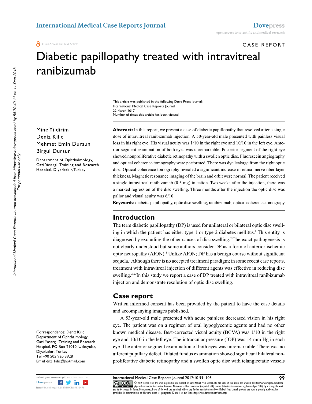 Diabetic Papillopathy Treated with Intravitreal Ranibizumab Open Access to Scientific and Medical Research DOI