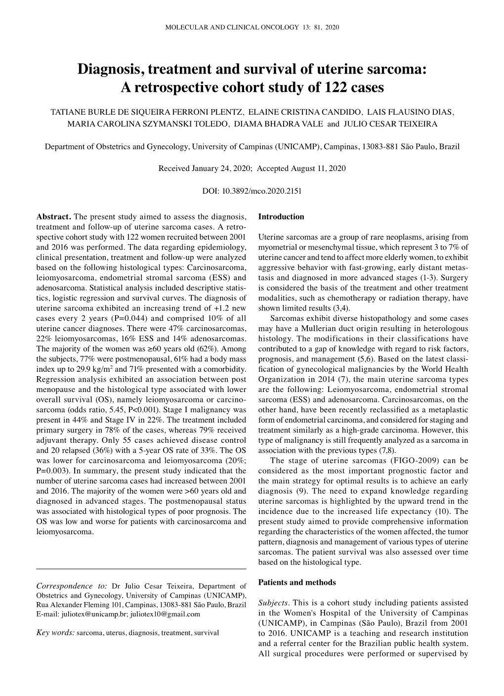 Diagnosis, Treatment and Survival of Uterine Sarcoma: a Retrospective Cohort Study of 122 Cases