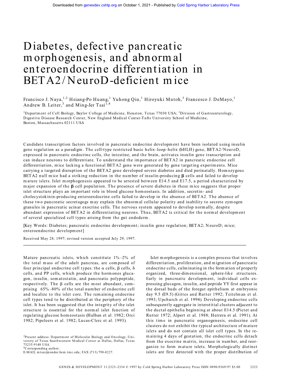Diabetes, Defective Pancreatic Morphogenesis, and Abnormal Enteroendocrine Differentiation in BETA2/Neurod-Deficient Mice