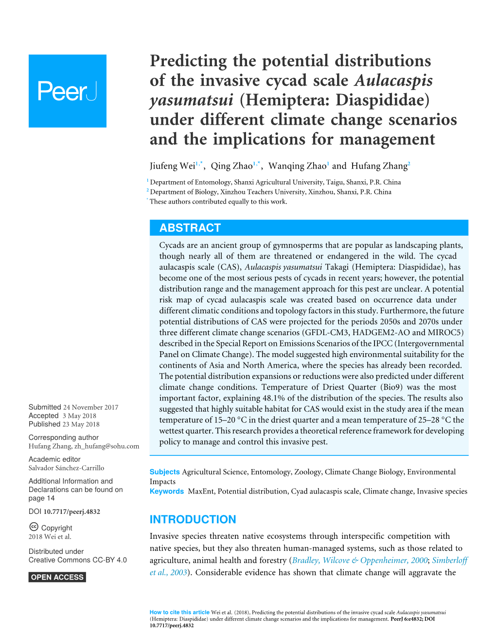 Predicting the Potential Distributions of the Invasive Cycad Scale Aulacaspis Yasumatsui (Hemiptera: Diaspididae) Under Different Climate Change Scenarios and the Implications For