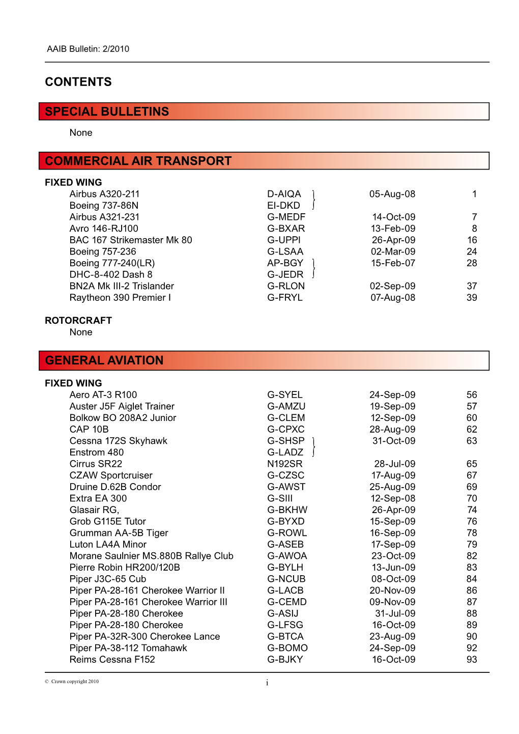 Commercial Air Transport Special Bulletins General Aviation Contents