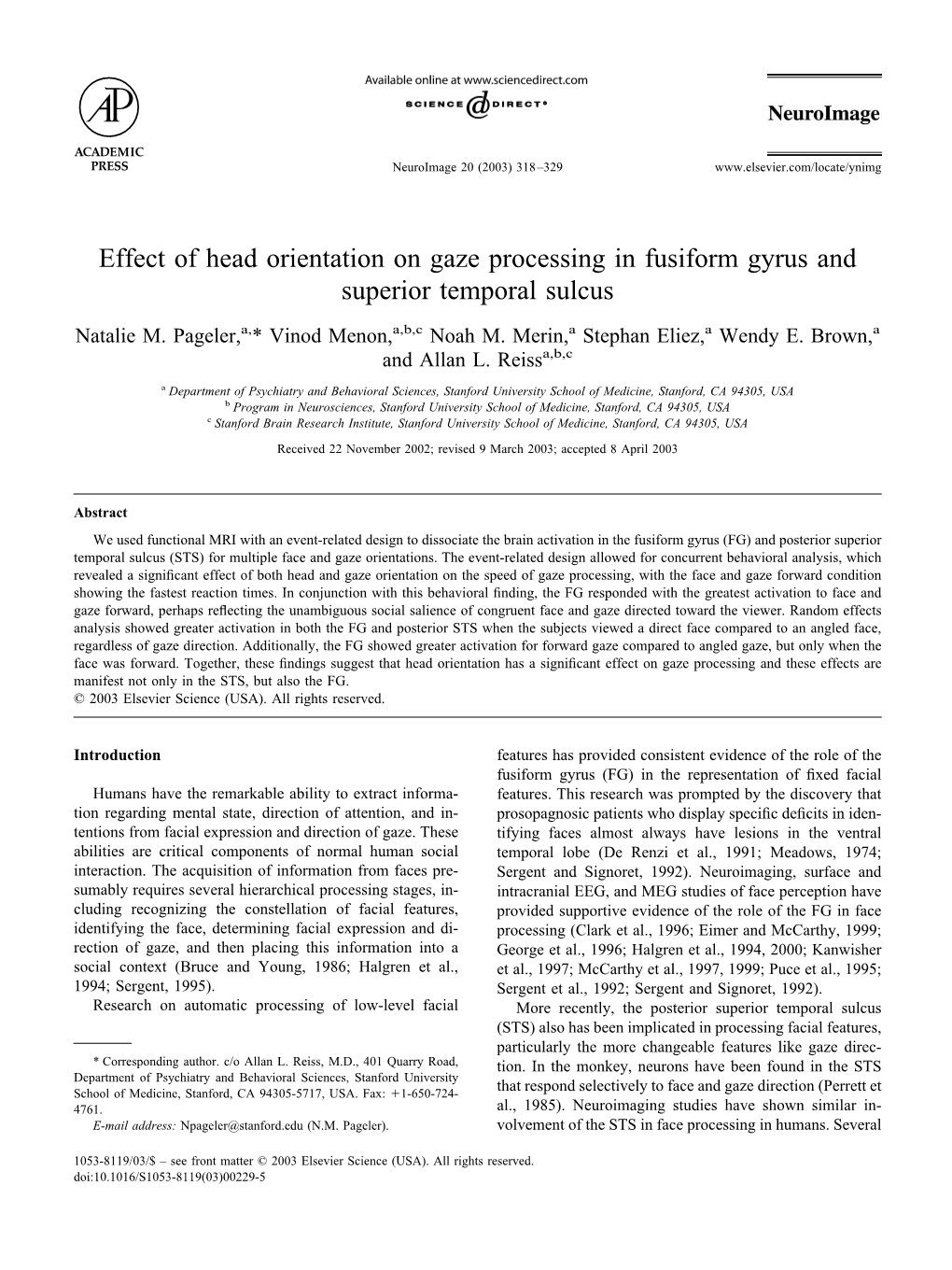 Effect of Head Orientation on Gaze Processing in Fusiform Gyrus and Superior Temporal Sulcus