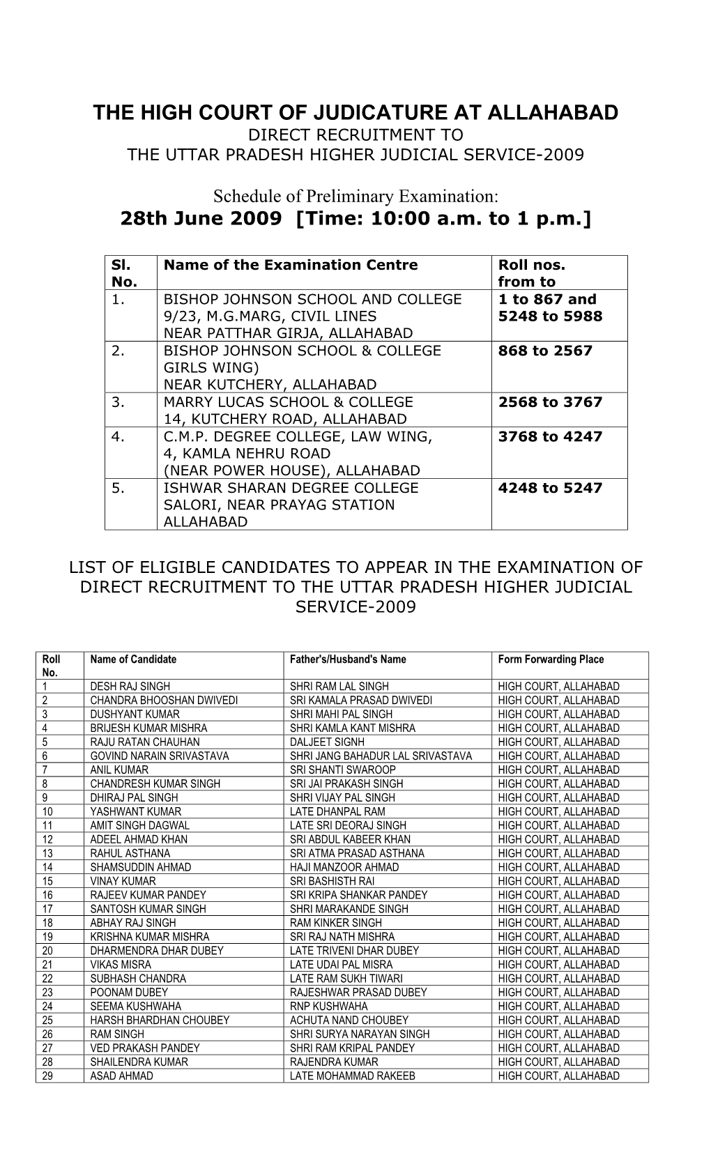 The High Court of Judicature at Allahabad Direct Recruitment to the Uttar Pradesh Higher Judicial Service-2009
