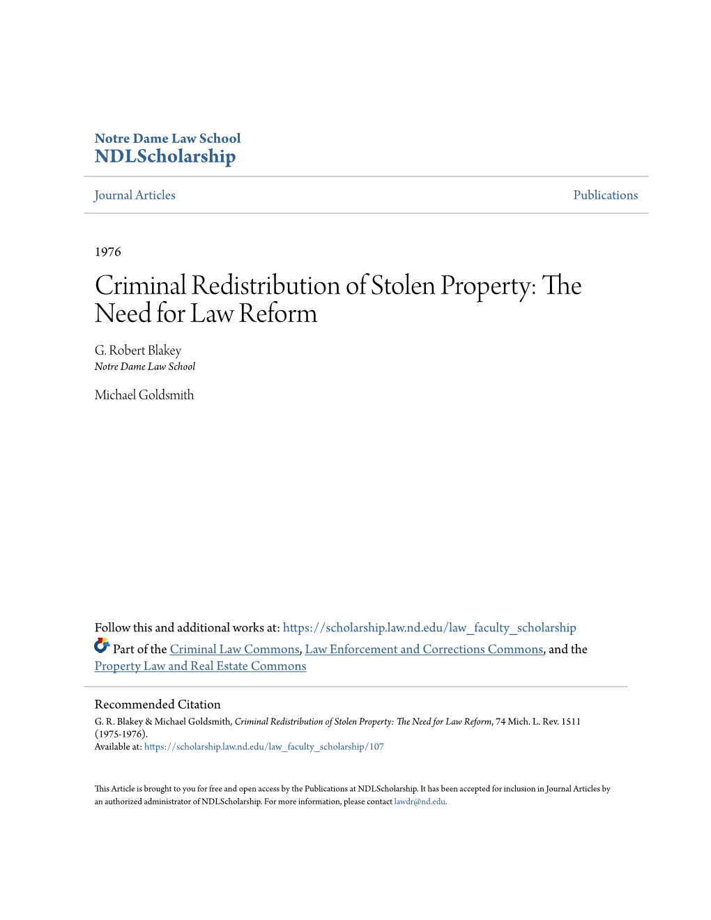 Criminal Redistribution of Stolen Property: the Need for Law Reform G