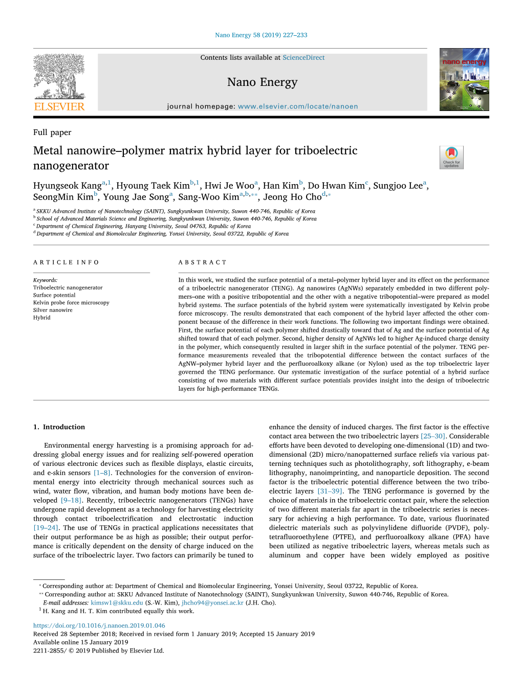 Metal Nanowire–Polymer Matrix Hybrid Layer for Triboelectric Nanogenerator T