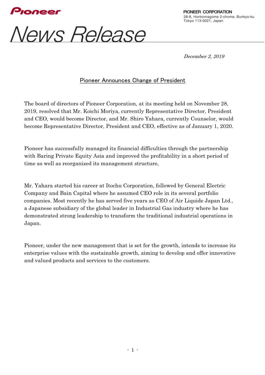 Pioneer Announces Change of President