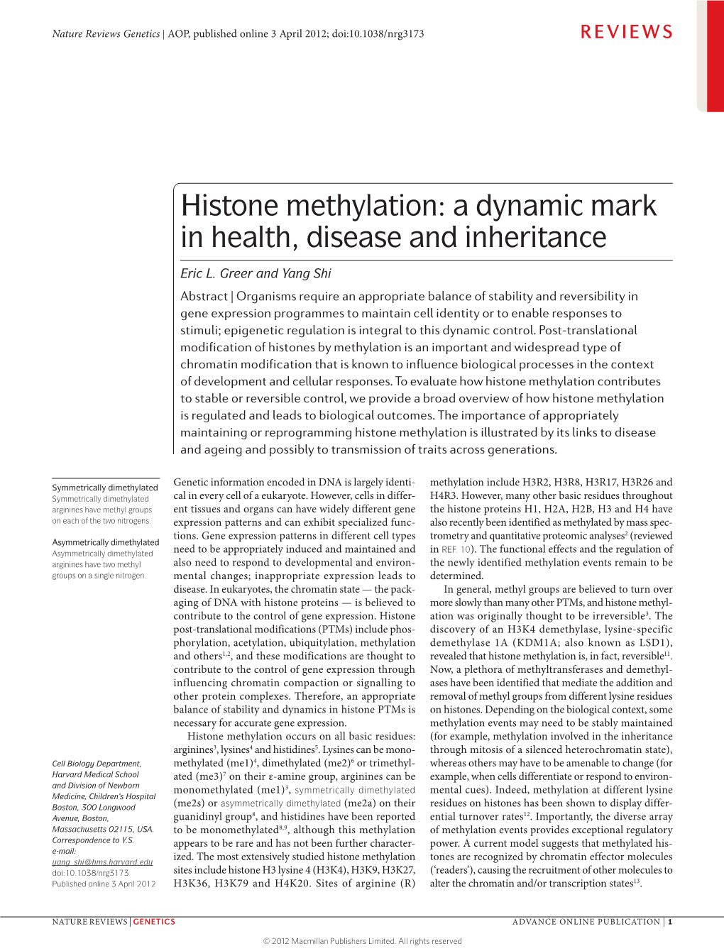 Histone Methylation: a Dynamic Mark in Health, Disease and Inheritance