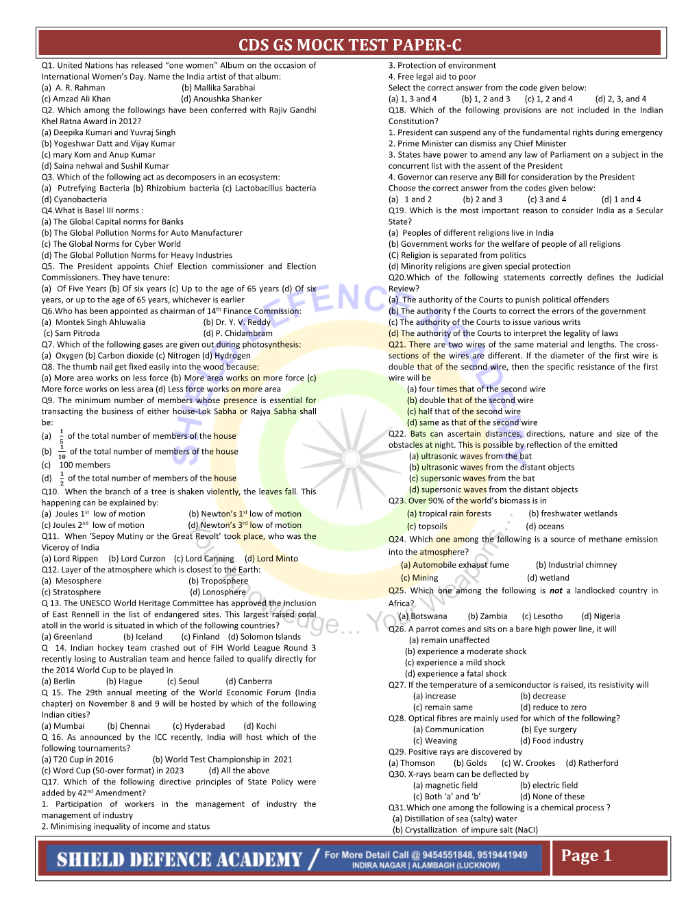 CDS GS MOCK TEST PAPER-C Page 1