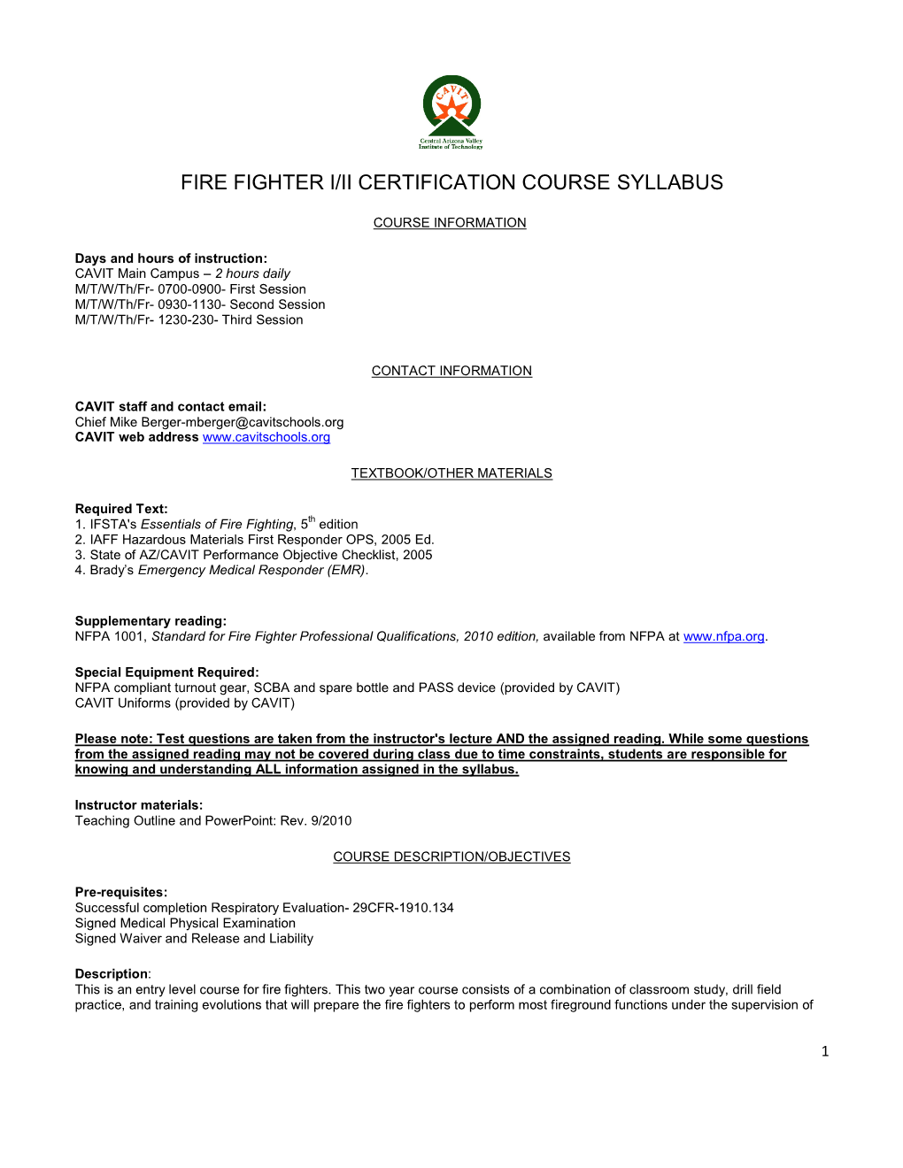 Fire Fighter I/Ii Certification Course Syllabus