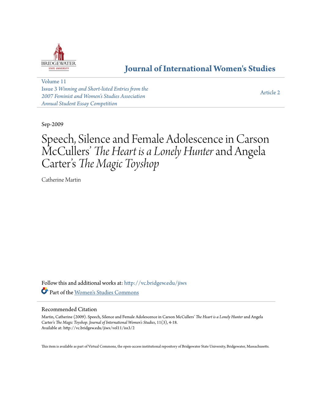 Speech, Silence and Female Adolescence in Carson Mccullers’ the Heart Is a Lonely Hunter and Angela Carter’S the Magic Toyshop Catherine Martin