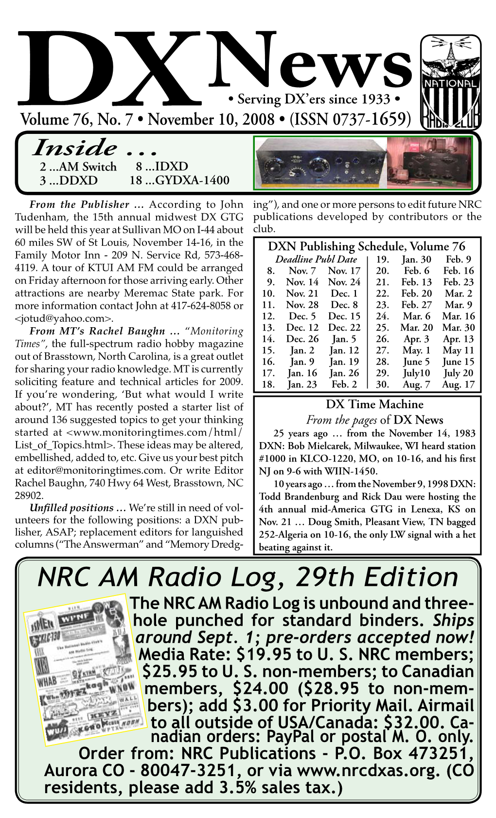 NRC AM Radio Log, 29Th Edition the NRC AM Radio Log Is Unbound and Three- Hole Punched for Standard Binders