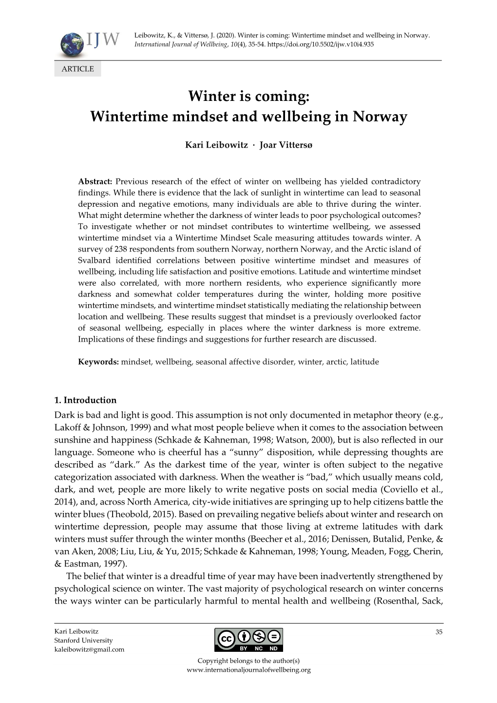 Winter Is Coming: Wintertime Mindset and Wellbeing in Norway