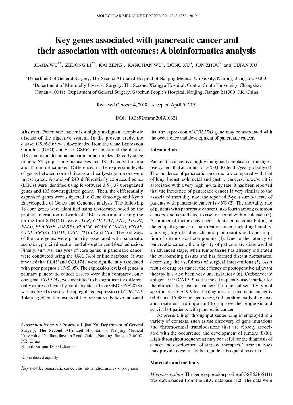 Key Genes Associated with Pancreatic Cancer and Their Association with Outcomes: a Bioinformatics Analysis