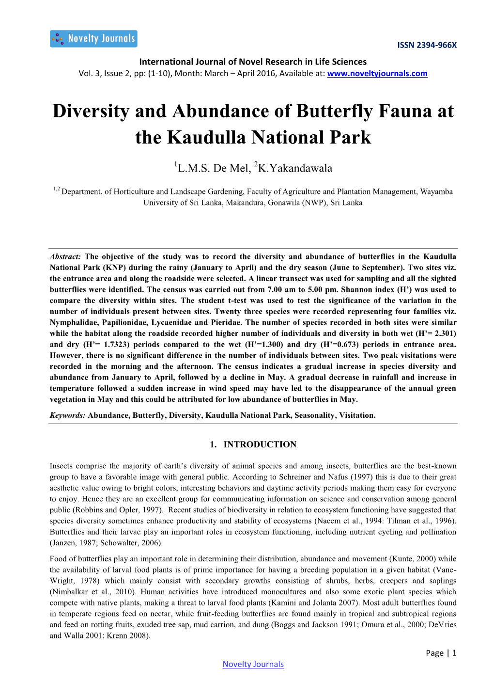 Diversity and Abundance of Butterfly Fauna at the Kaudulla National Park