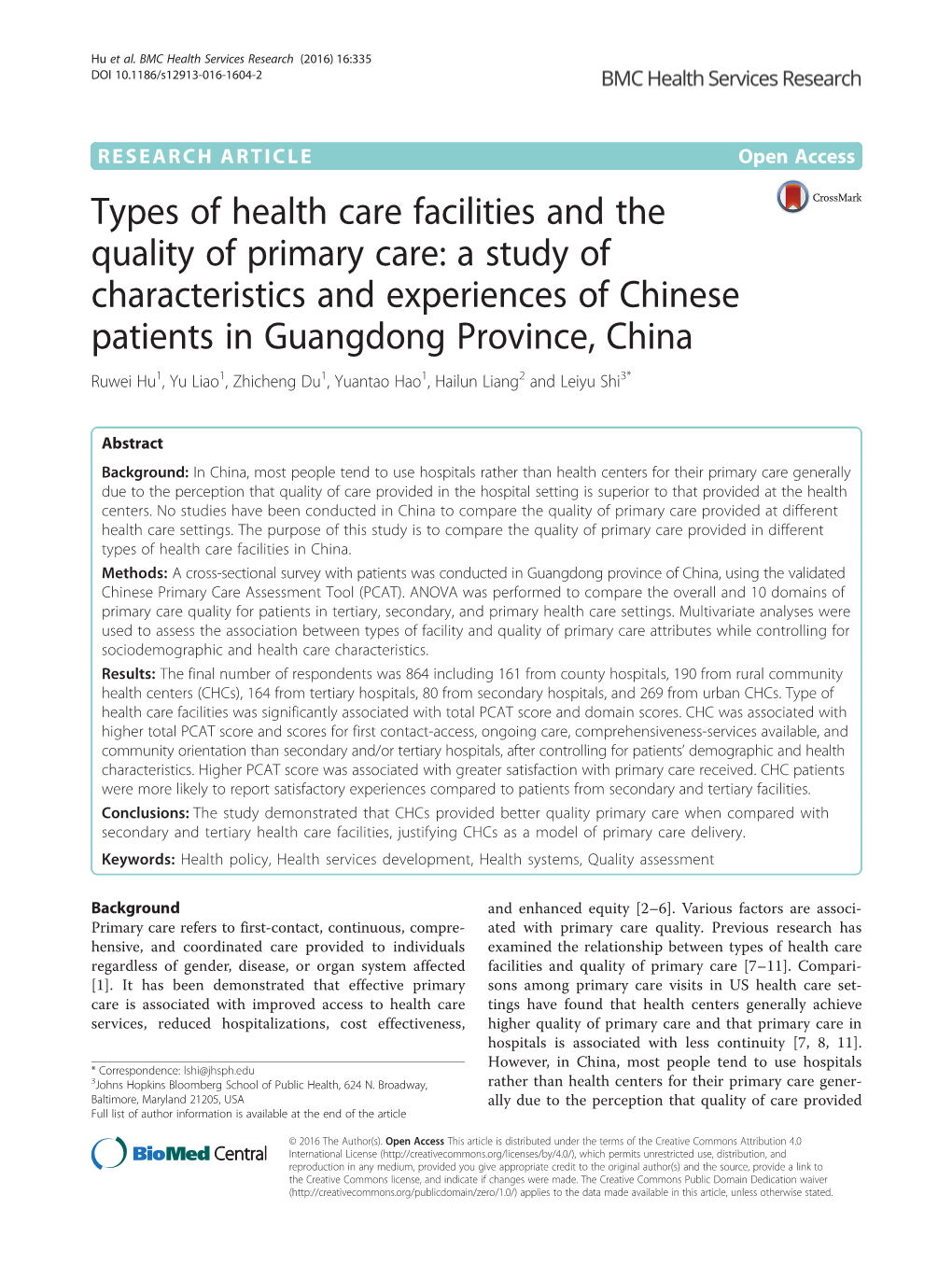 Types of Health Care Facilities and the Quality of Primary Care