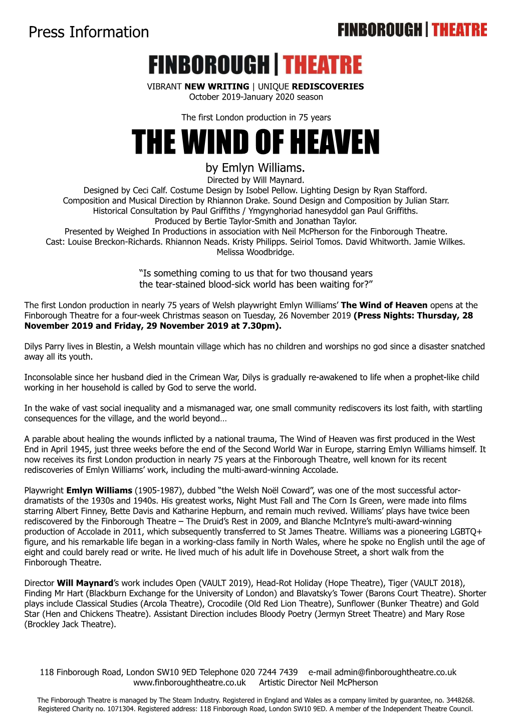 THE WIND of HEAVEN by Emlyn Williams