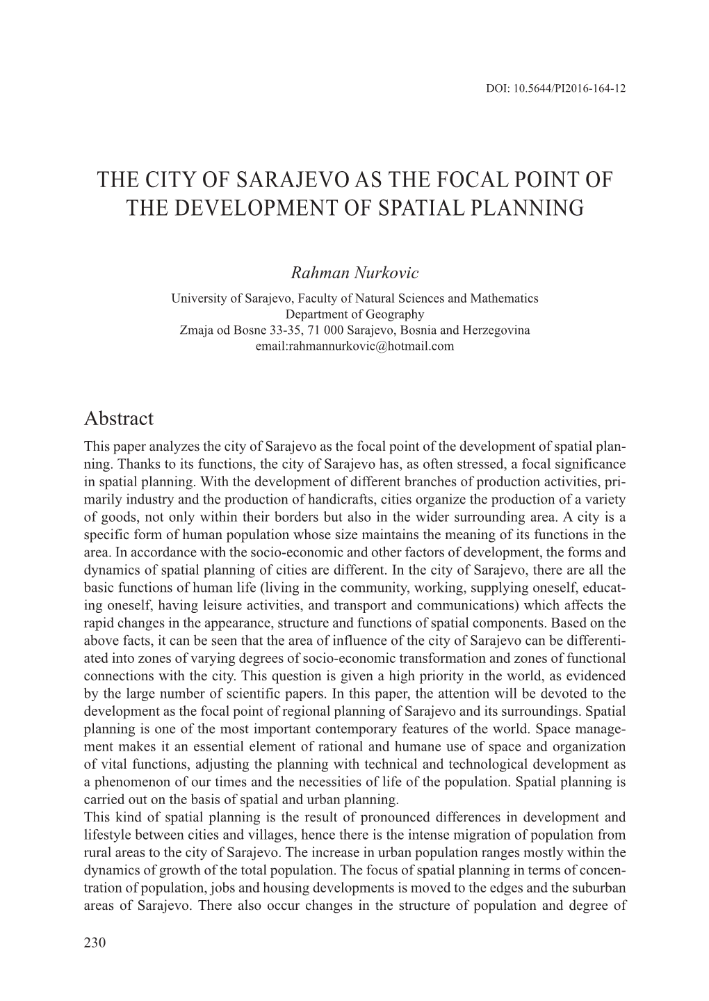 The City of Sarajevo As the Focal Point of the Development of Spatial Planning