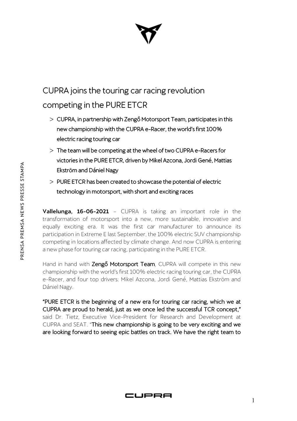 CUPRA Joins the Touring Car Racing Revolution Competing in the PURE ETCR