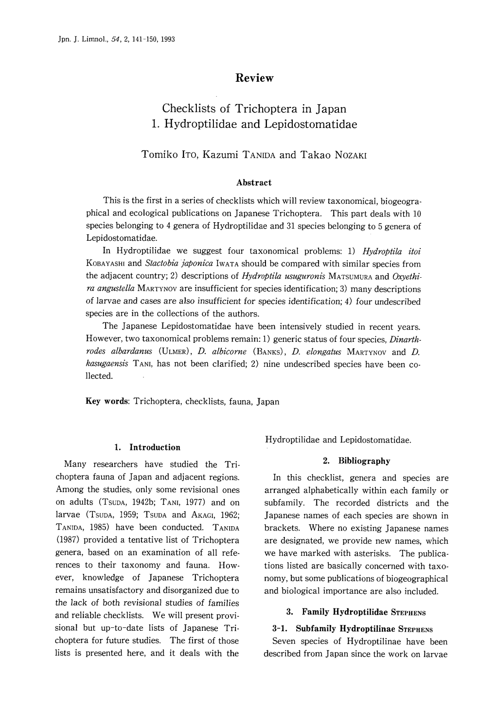 Checklists of Trichoptera in Japan 1. Hydroptilidae and Lepidostomatidae