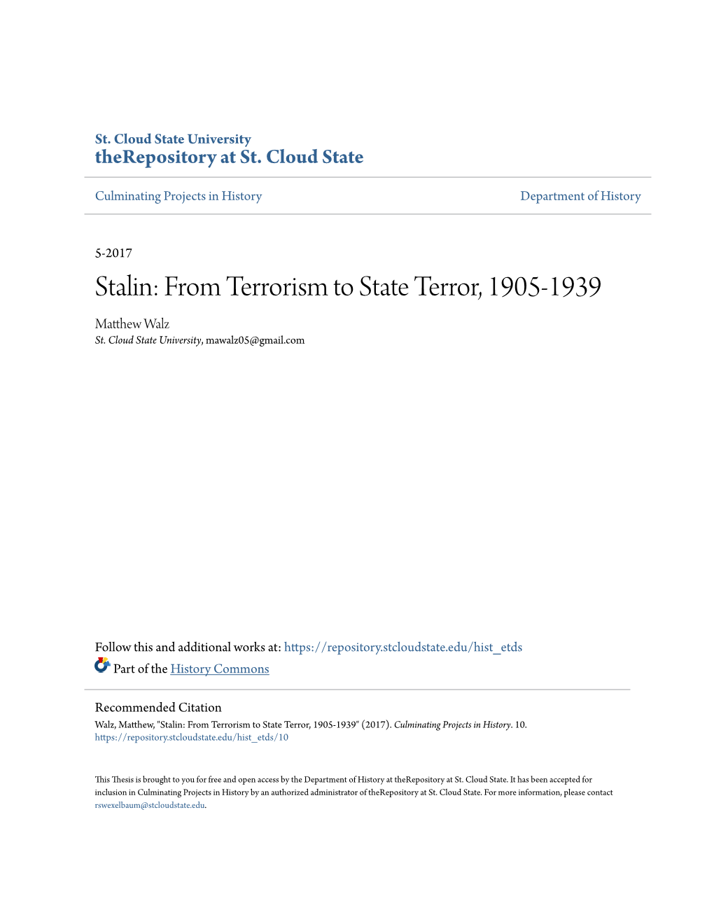 Stalin: from Terrorism to State Terror, 1905-1939 Matthew Alw Z St