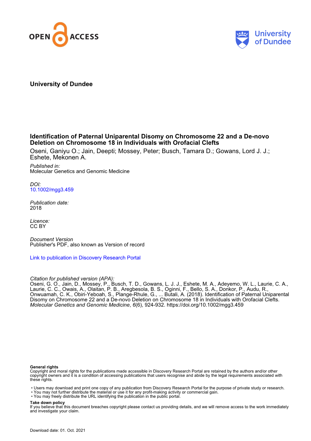 Identification of Paternal Uniparental Disomy on Chromosome 22 and A