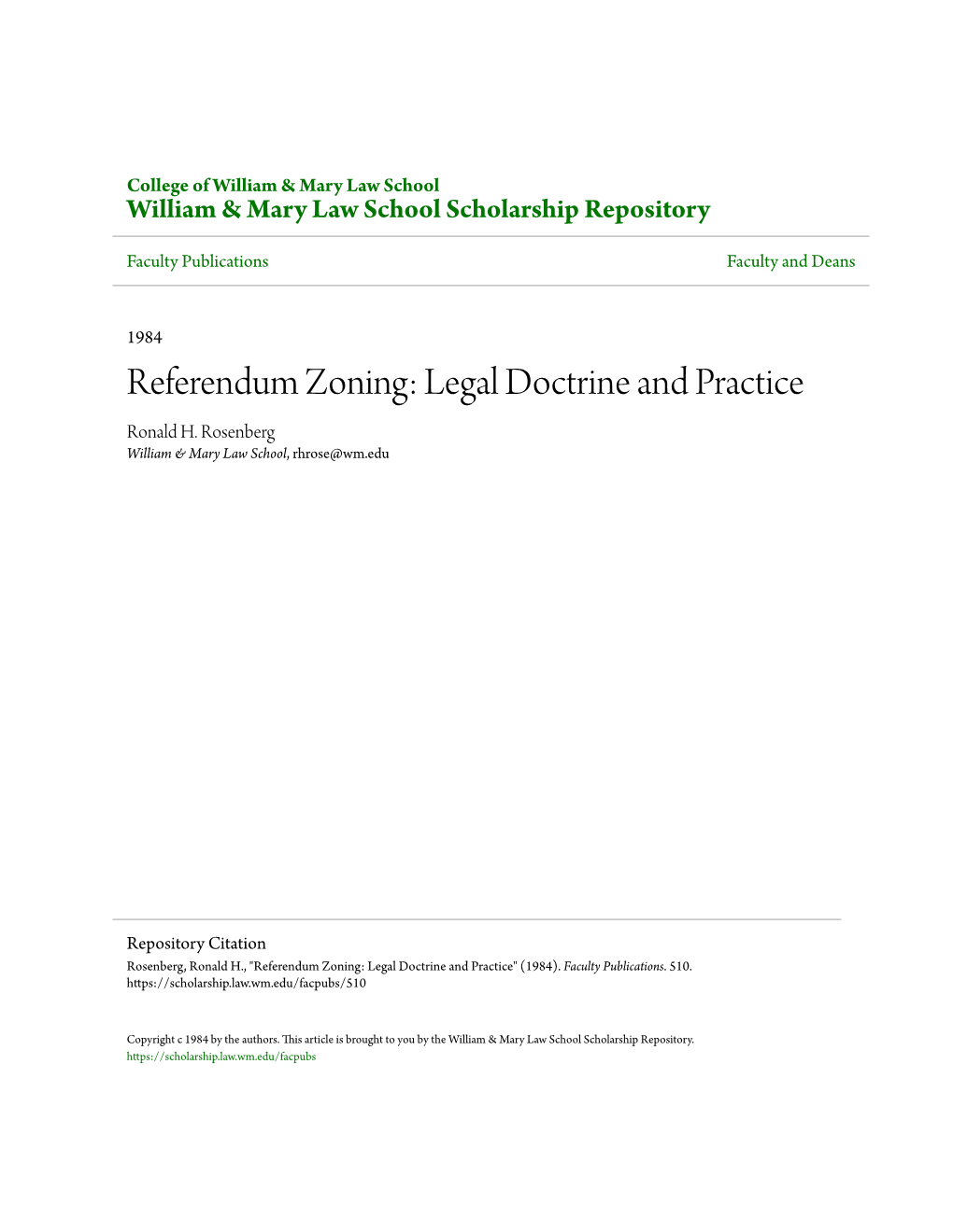 Referendum Zoning: Legal Doctrine and Practice Ronald H
