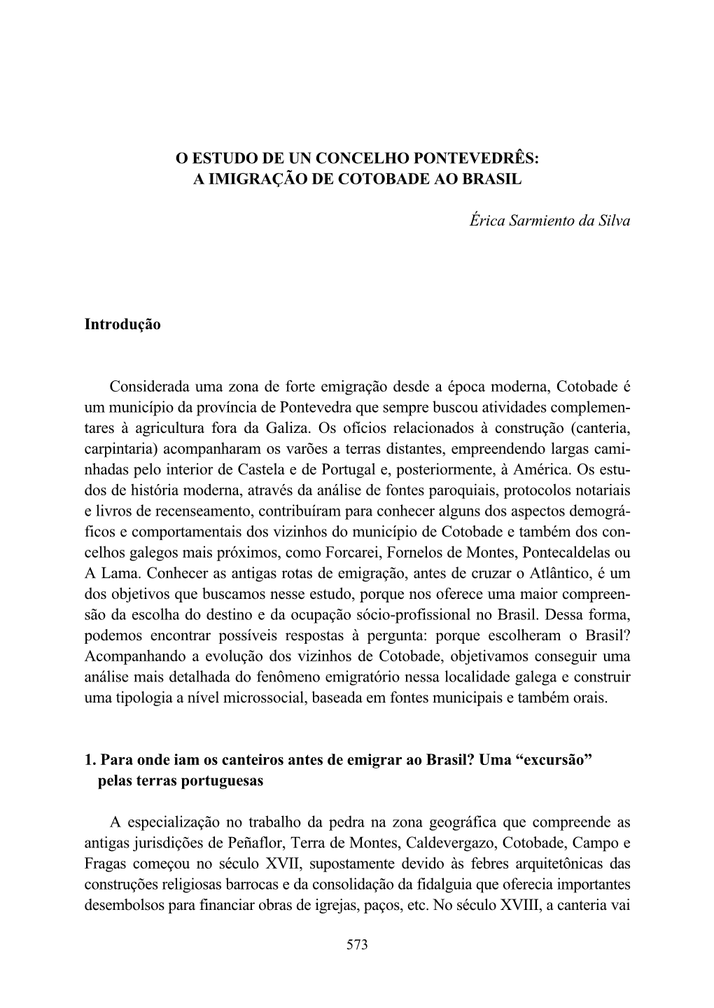 O Estudo De Un Concelho Pontevedrês: a Imigração De Cotobade Ao Brasil