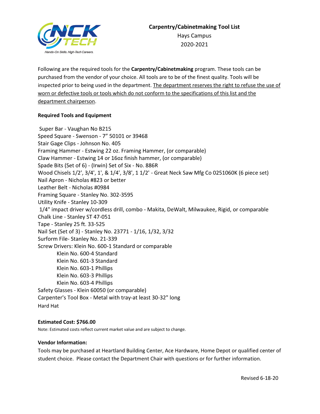 Carpentry/Cabinetmaking Tool List Hays Campus 2020-2021