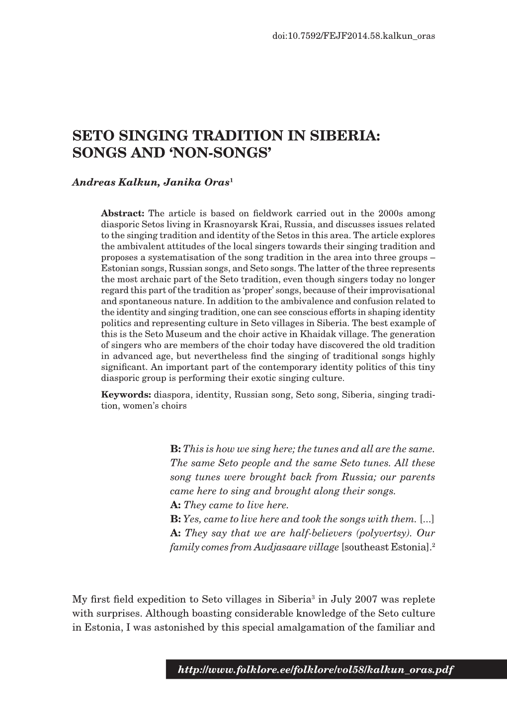 Seto Singing Tradition in Siberia: Songs and ‘Non-Songs’