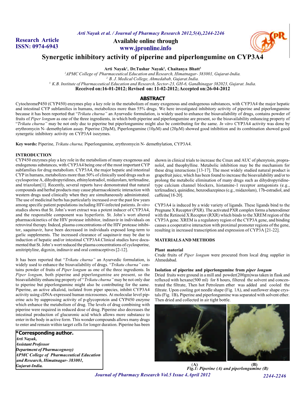 Synergetic Inhibitory Activity of Piperine and Piperlongumine on CYP3A4