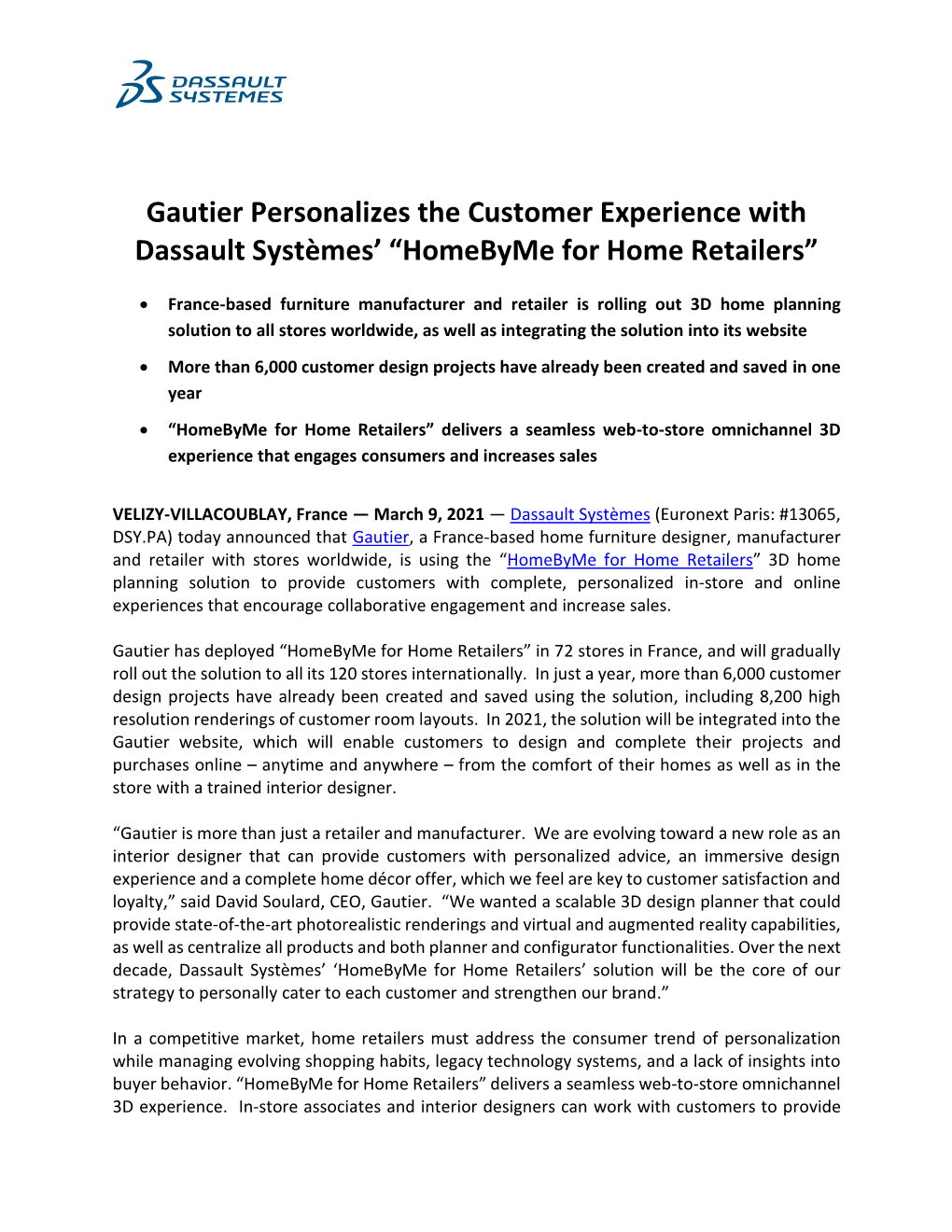 Gautier Personalizes the Customer Experience with Dassault Systèmes' “Homebyme for Home Retailers”